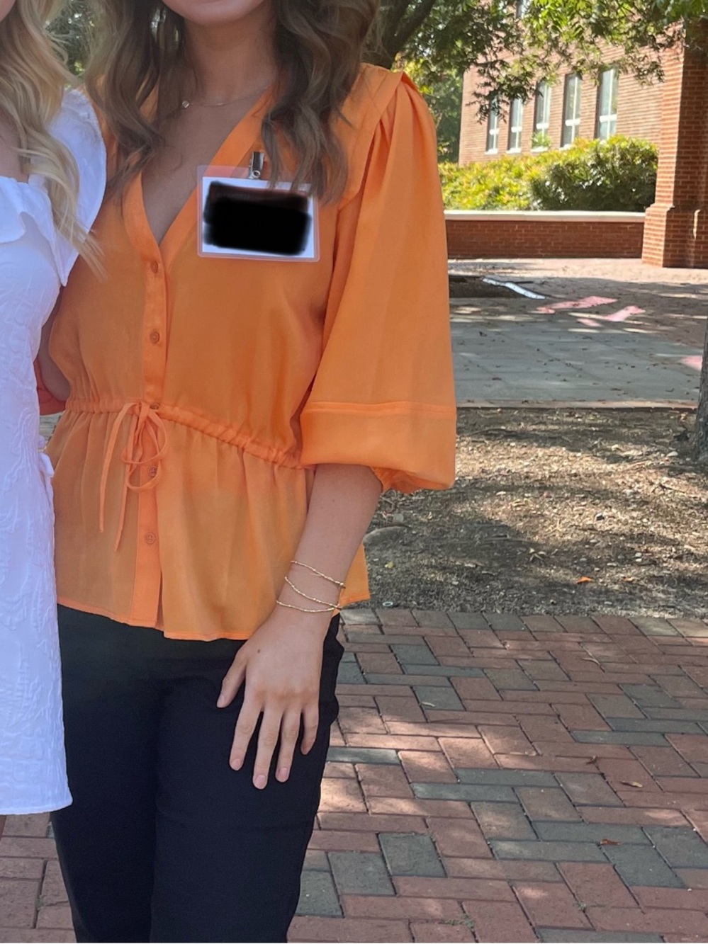DKNY Bright Orange V-Neck Drawstring Blouse